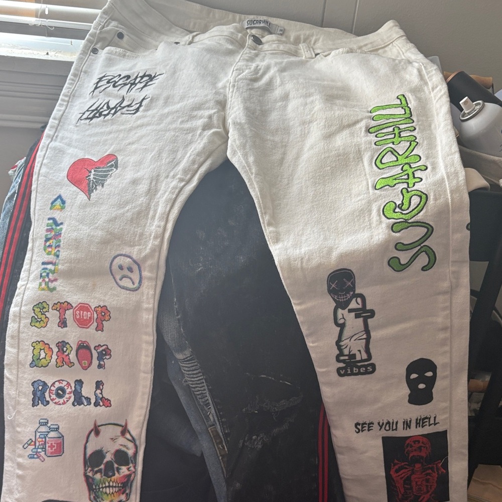 Sugarhill White Graphic Skinny Jeans for Men